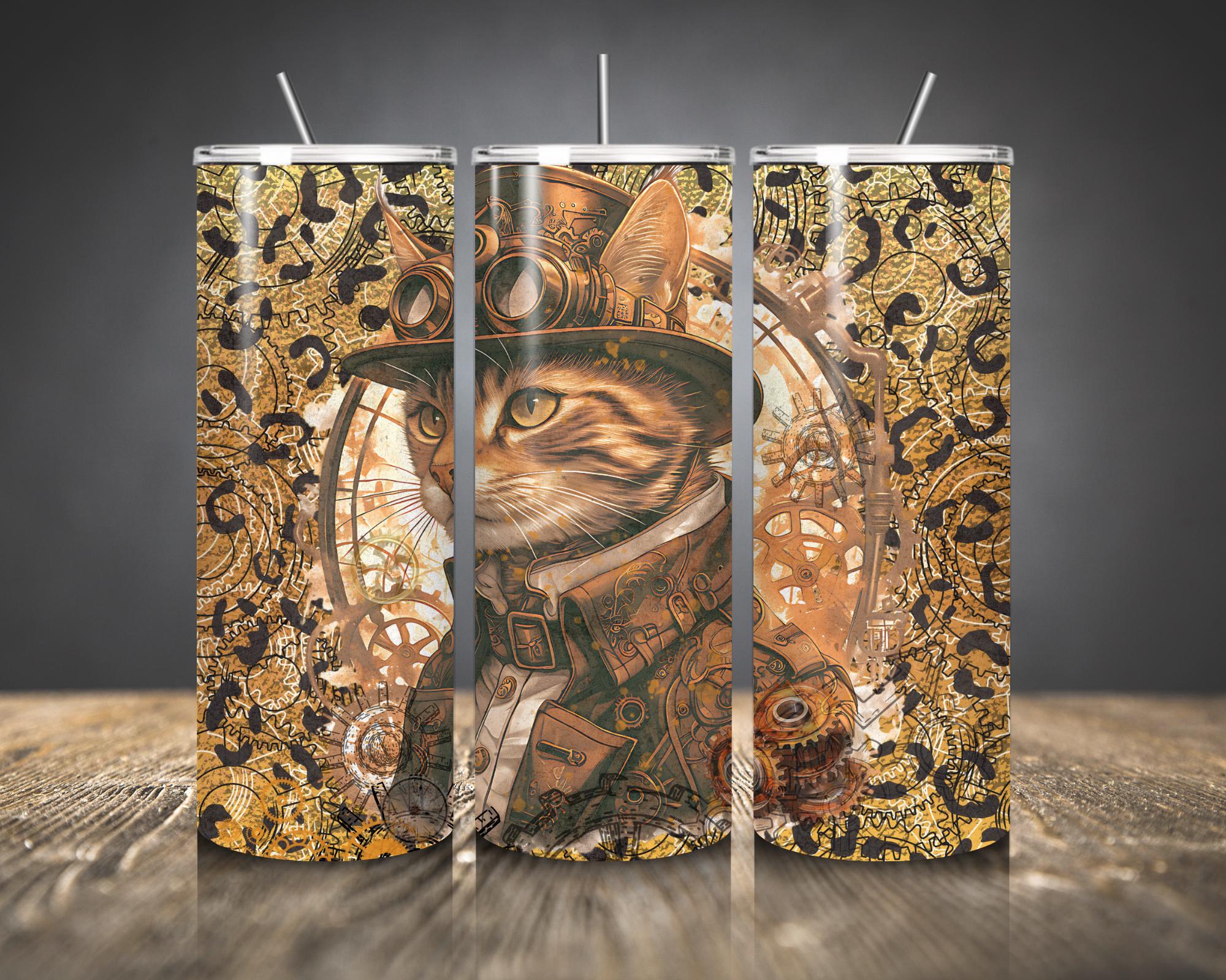 Steampunk Cat 20 oz Skinny Tumbler Wrap Digital Download PNG - Whimsical Cat in Top Hat with Gears and Cogs Design