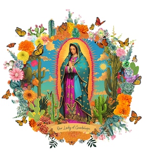 Imágenes prediseñadas vibrantes de Nuestra Señora de Guadalupe: descarga digital para diseño de sublimación: ilustraciones florales y de mariposas de la Virgen María