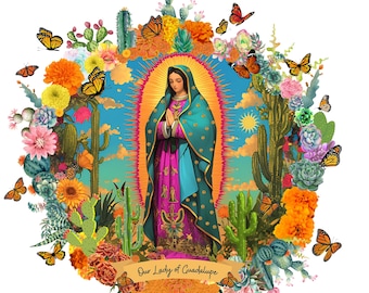 Our Lady of Guadalupe Vibrant Clip Art - Digital Download for Sublimation Design - Virgin Mary Floral and Butterfly Artwork