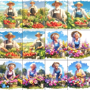 Colección de imágenes prediseñadas de jardineros maduros: 12 ilustraciones alegres para descarga instantánea para diseño de arte y sublimación