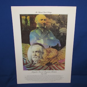 May include: A vintage print featuring a collage of images related to the National Guard. The print features a portrait of Brigadier General Benjamin Harrison, a bald eagle, and a scene of soldiers in battle. The print is titled "The National Guard Heritage" and includes a caption about Brigadier General Benjamin Harrison.