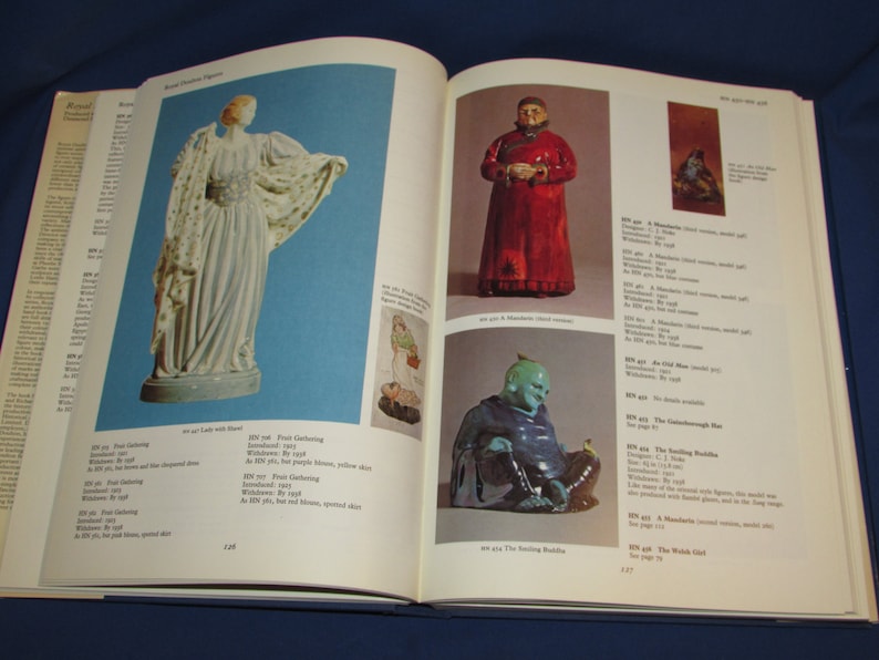 May include: A book page showing a collection of porcelain figurines. The figurines are of a woman in a white dress, a man in a red robe, and a man in a blue robe. The book page also includes text describing the figurines.