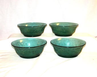 TIARA TEAL BOWLS Cereal 1970s Set of 4 Indiana Sandwich Glass Free Shipping