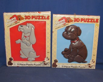 POUND PUPPIES PUZZLES 11 Piece Pre-School Plastic Puzzles 1986 Three Dimensional Set of 2 Free Shipping
