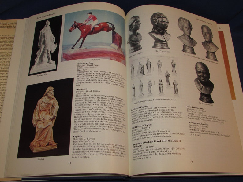 May include: A book open to two pages showing a collection of Royal Doulton figurines. The figurines are made of porcelain and depict historical figures such as Queen Elizabeth II, Prince Charles, and Winston Churchill. The book includes descriptions of each figurine, including the designer, date, and size.