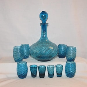 DECANTER SET Handblown Blue Glass with 10 Glasses 1970s Free Shipping