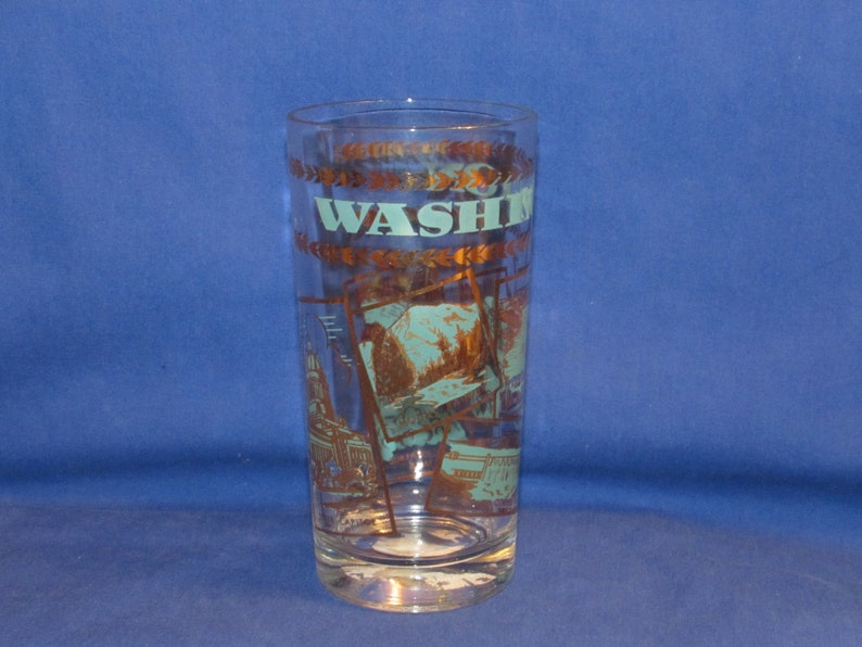WASHINGTON SOUVENIR GLASS Gold and Turquoise Tumbler Free Shipping