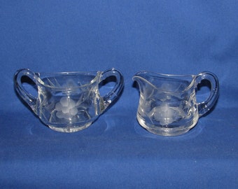 CRYSTAL ETCHED Small Sugar Bowl and Creamer 1970s