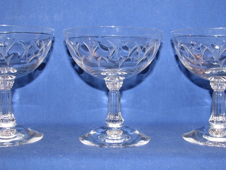 Juego de 5 copas de champán FOSTORIA SPRITE grabadas, década de 1950, envío gratuito imagen 2