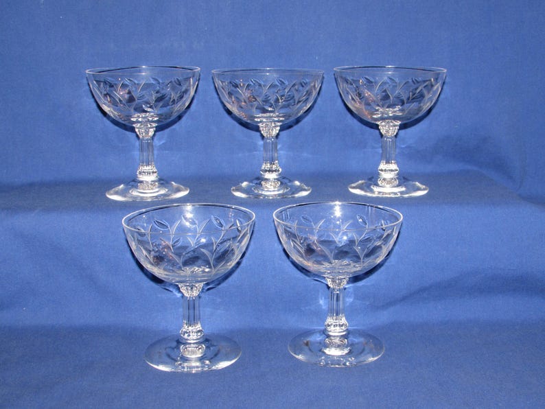 Juego de 5 copas de champán FOSTORIA SPRITE grabadas, década de 1950, envío gratuito imagen 1