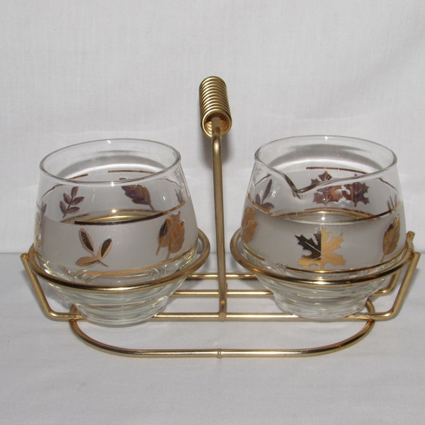 LIBBEY GOLD FOLIAGE 3 Piece Sugar and Creamer Caddy Set 1950s