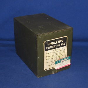 Phillips PRESCRIPTION FILE BOX Green Metal 1940s Free Shipping