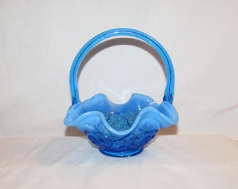 FENTON GLASS BASKET Blue Opalescent Flowered Design 1970s Free Shipping