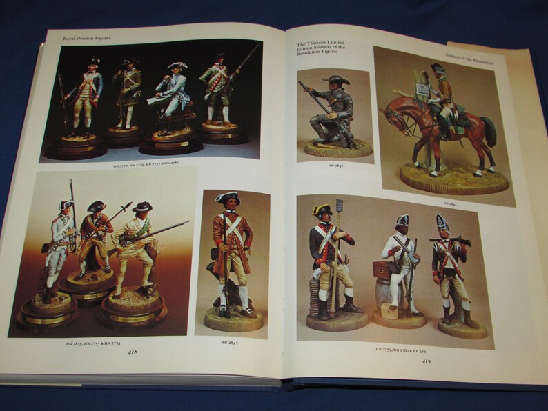 May include: A book featuring a collection of miniature figurines depicting soldiers from the American Revolutionary War. The book includes detailed images of the figurines, showcasing their intricate details and historical accuracy.