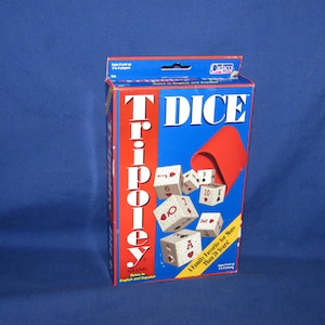 May include: A boxed game of Tripoley Dice, with a blue and red color scheme. The box features the game's name in large white letters and images of dice. The game is advertised as a family favorite for more than 20 years.