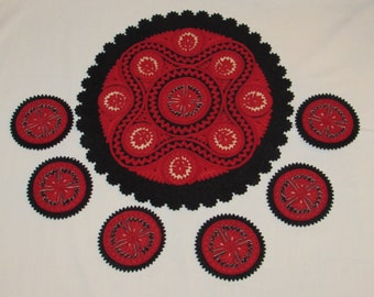 Coasters and Doily FOLK ART Table Protectors Felt Black & Red Vintage Handmade Textile Free Shipping