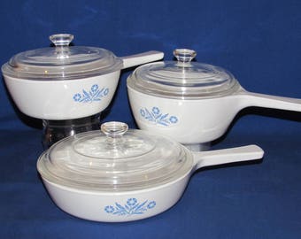 CORNING WARE SAUCEPAN Set Cornflower Blue 3 Saucepans with 3 Lids Corningware Free Shipping