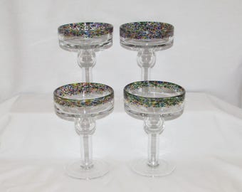 MARGARITA GLASSES Hand Blown Confetti Set of 4 Made in Mexico 1990s Free Shipping