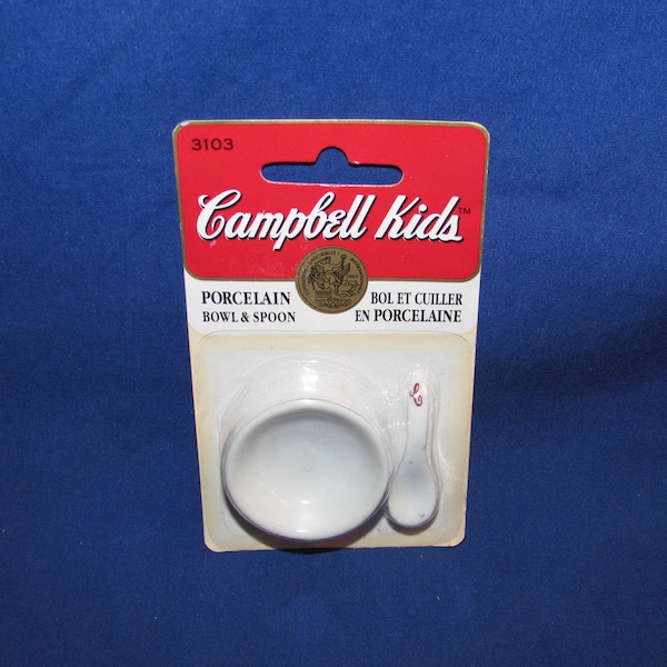 DOLLHOUSE MINIATURE Campbells Kids Porcelain Bowl and Spoon 1995 Fibre Craft