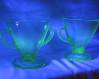 Hazel Atlas GREEN VASELINE GLASS Sugar Bowl and Creamer Ovide 1930s Uranium Glass Vintage Glassware