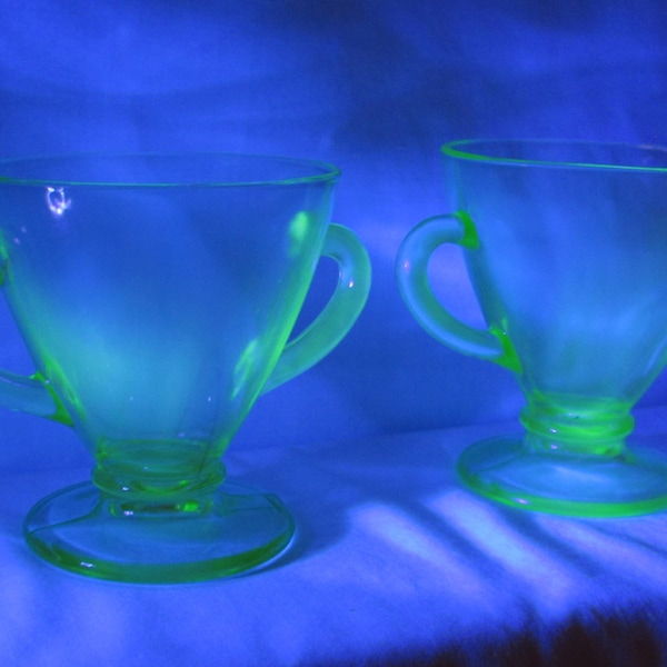 Hazel Atlas GREEN VASELINE GLASS Sugar Bowl and Creamer Ovide 1930s Uranium Glass Vintage Glassware