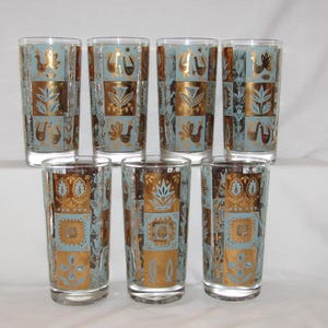 WEST VIRGINIA GLASS Company “Myrtle” Glassware 22K Gold Folk Art Pattern 1960s Set of 7 Free Shipping