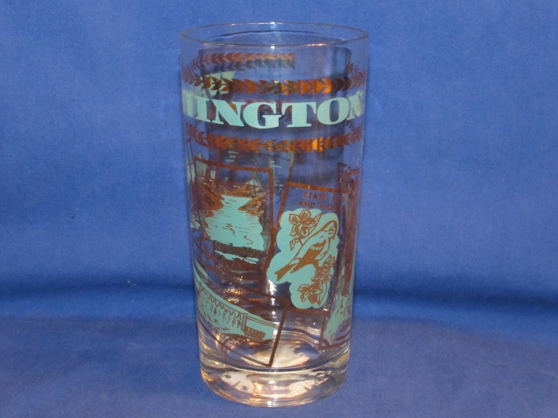 WASHINGTON SOUVENIR GLASS Gold and Turquoise Tumbler Free Shipping