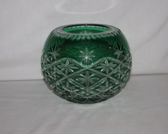 CRYSTAL EMERALD GREEN Cut-to-Clear Bowl Vase 1980s Free Shipping