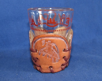 WESTERN SHOT GLASS with Cattle Brands and Leather Sleeve