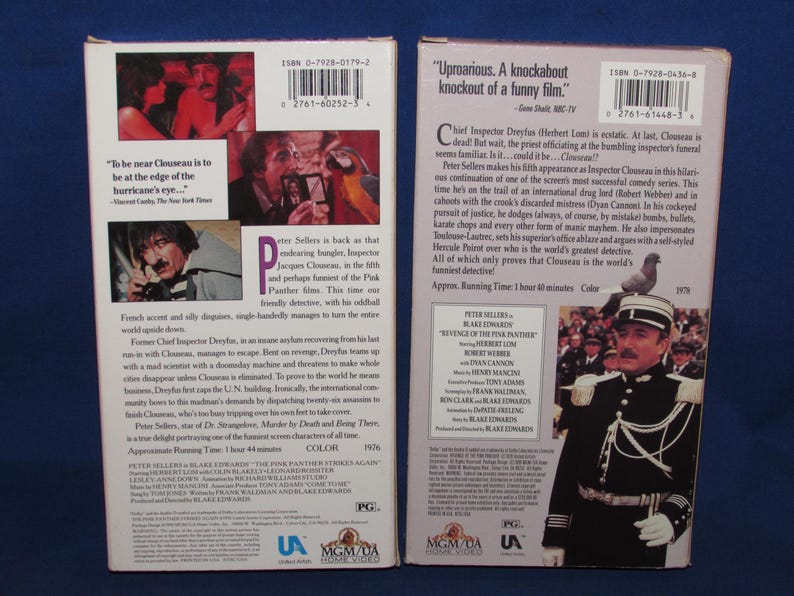 May include: Two VHS tapes featuring Peter Sellers in "The Pink Panther Strikes Again" and "Revenge of the Pink Panther." The covers display images of the actor and film stills, with text and logos. The tapes are in a blue setting.