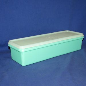 May include: A rectangular, light teal plastic container with a white lid. The container has a simple, clean design and is likely used for storage. The lid fits snugly on top, and the container is sitting on a blue surface.