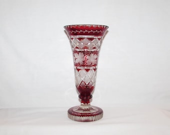 NACHTMANN Cranberry Cut Crystal Vase 1970s Free Shipping