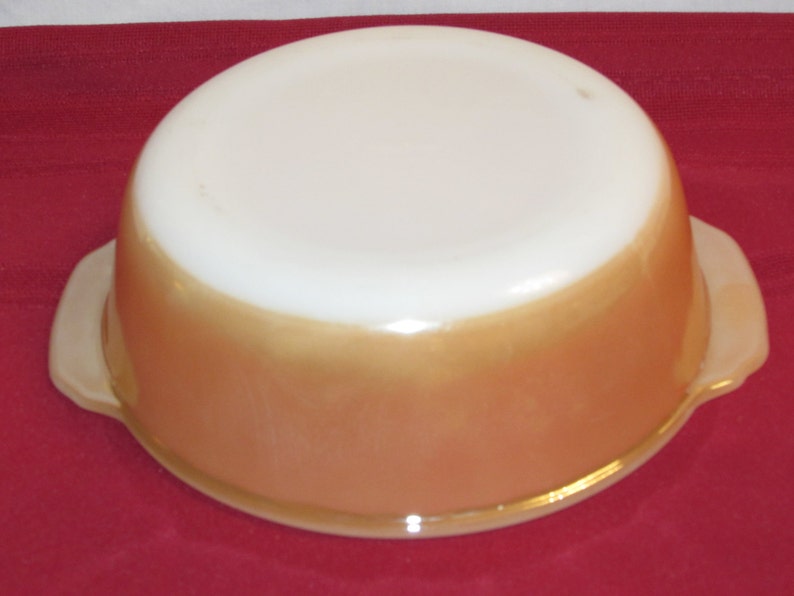 FIRE KING LUSTREWARE 1.5 quart Casserole Dish Iridescent Peach Anchor Hocking Vintage