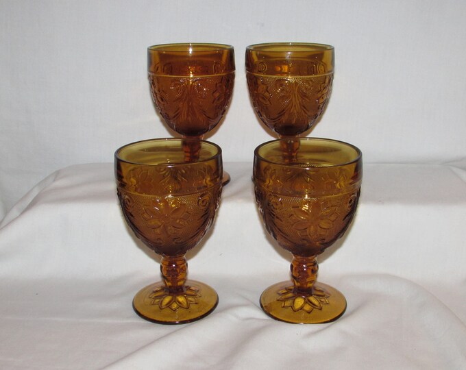 TIARA WINE GLASSES Amber Sandwich Glass Set of 4 Indiana Glass Vintage