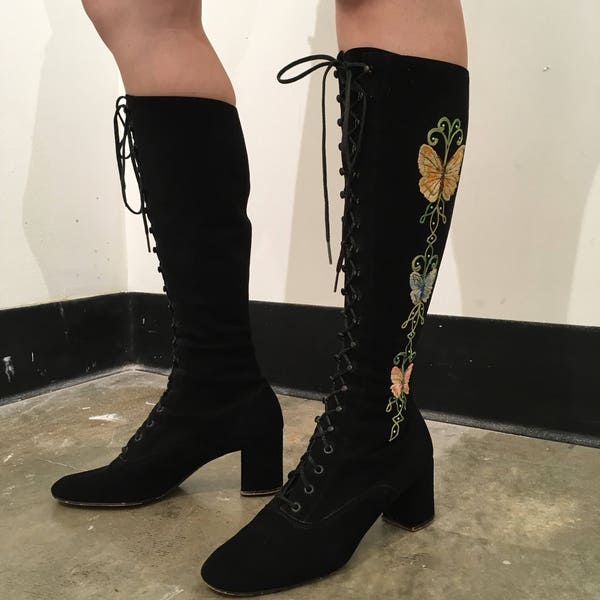 SOLD 70s 60s Go Go butterfly boots lace up knee high