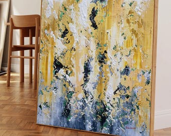 Large Abstract Painting: Golden Echo, Textured Palette Knife Art