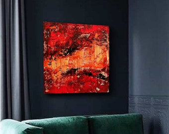 Large Red Abstract Painting: Textured Acrylic Canvas Art (100x100cm)