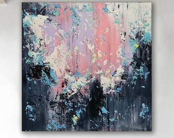 Gran pintura abstracta: lienzo acrílico texturizado, gris y rosa