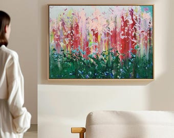 Large Abstract Acrylic Painting: Colorful Garden Wall Art (150x100cm)