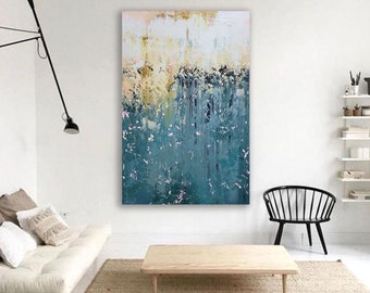 Large Abstract Canvas Art: Original Acrylic Painting, Blue & Gold (150x100cm)