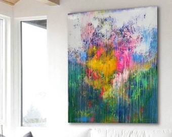 Large Colorful Abstract Painting on Canvas - Modern Wall Art (47x39)