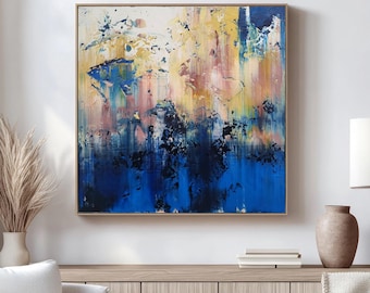 Large Abstract Blue Canvas Painting: Modern Acrylic Art, 100x100cm