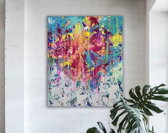 Large Colorful Abstract Painting: Impasto Texture on Canvas
