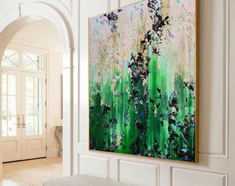 Large Abstract Painting: Original Green Acrylic Canvas Art (120x100cm.)