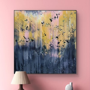 Textured Abstract Acrylic Painting: Yellow, Pink, and Gray - 100x100cm