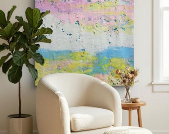 Large Abstract Acrylic Painting: Pink Yellow Blue Wall Art, Pastel Colors -  120x90cm.