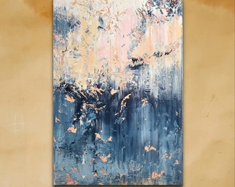 Large Abstract Painting: Blue & Orange Modern Wall Art (150x100cm)