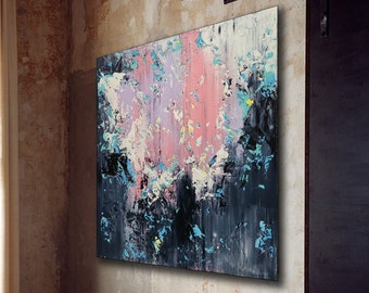 Large Abstract Painting: Textured Acrylic Canvas Art, Gray & Pink