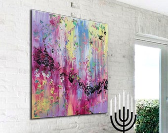Colorful Abstract Painting: Large Acrylic Canvas Wall Art (47x39)