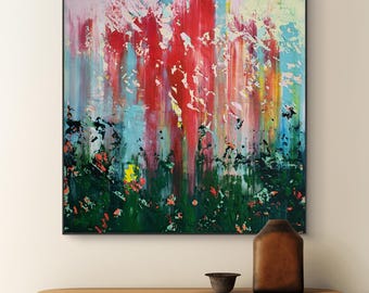Pintura acrílica abstracta original sobre lienzo: arte moderno colorido (100 cm x 100 cm)